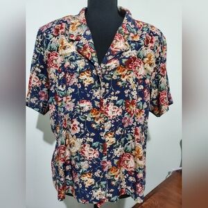 Vintage 90s Floral Blouse Navy Rose Print Button Front Collared Top Women’s 12
